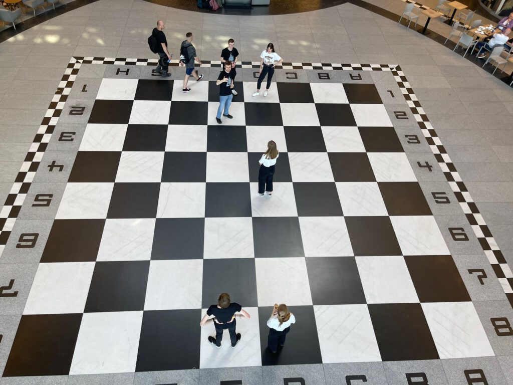 The students stand on a chessboard and are the pieces for the game.